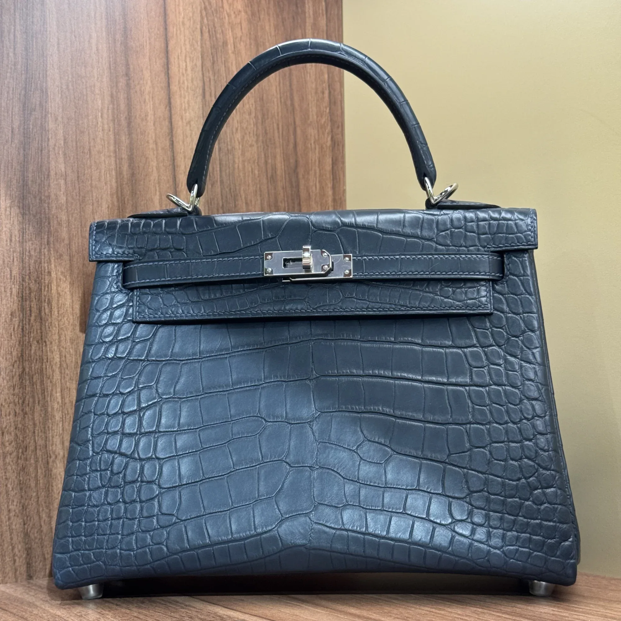 Hermes Kelly 25 Sellier Dark Blue Alligator Crocodile Leather PHW