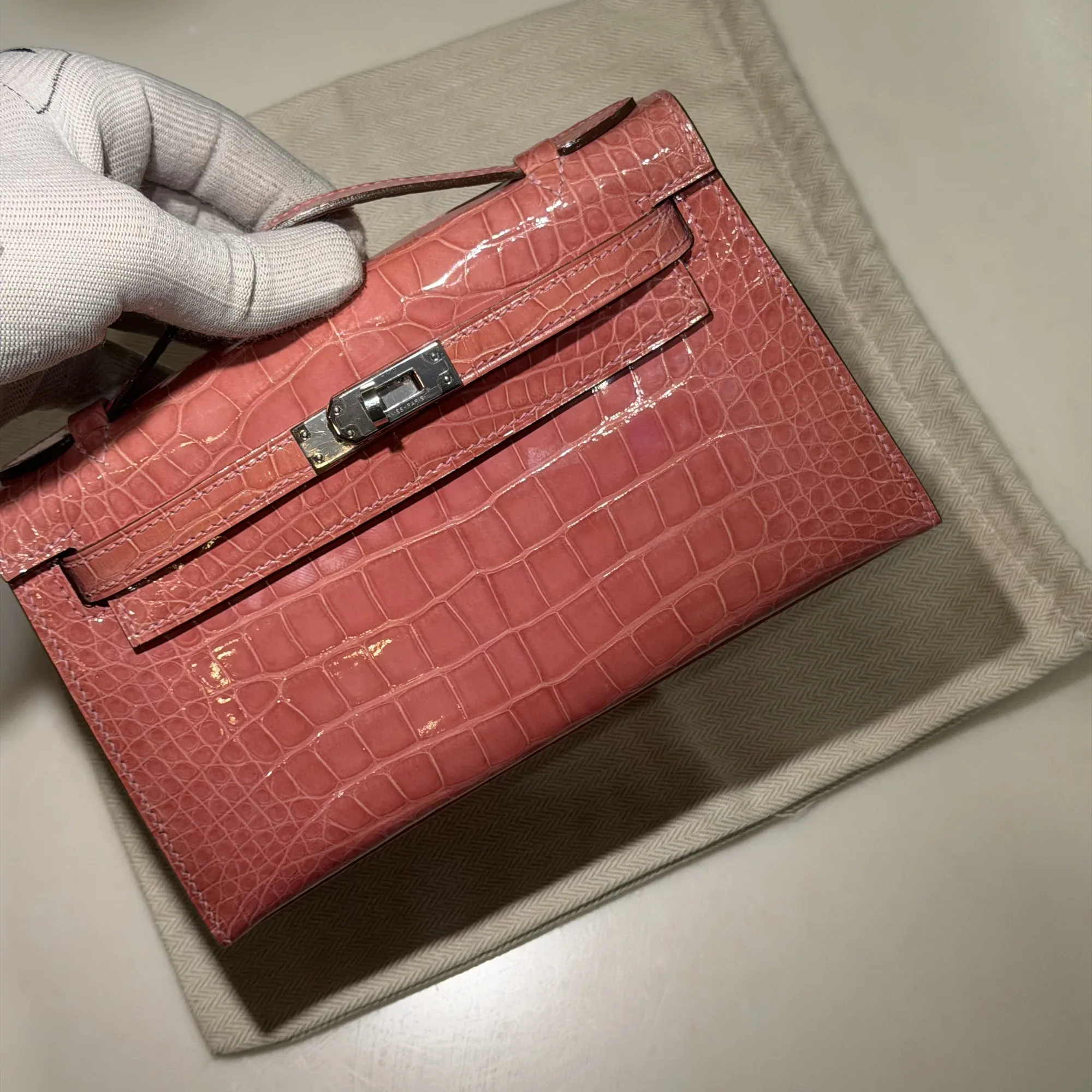 Hermes Kelly Pochette 22 Coral Alligator Crocodile Leather PHW миниатюра 6