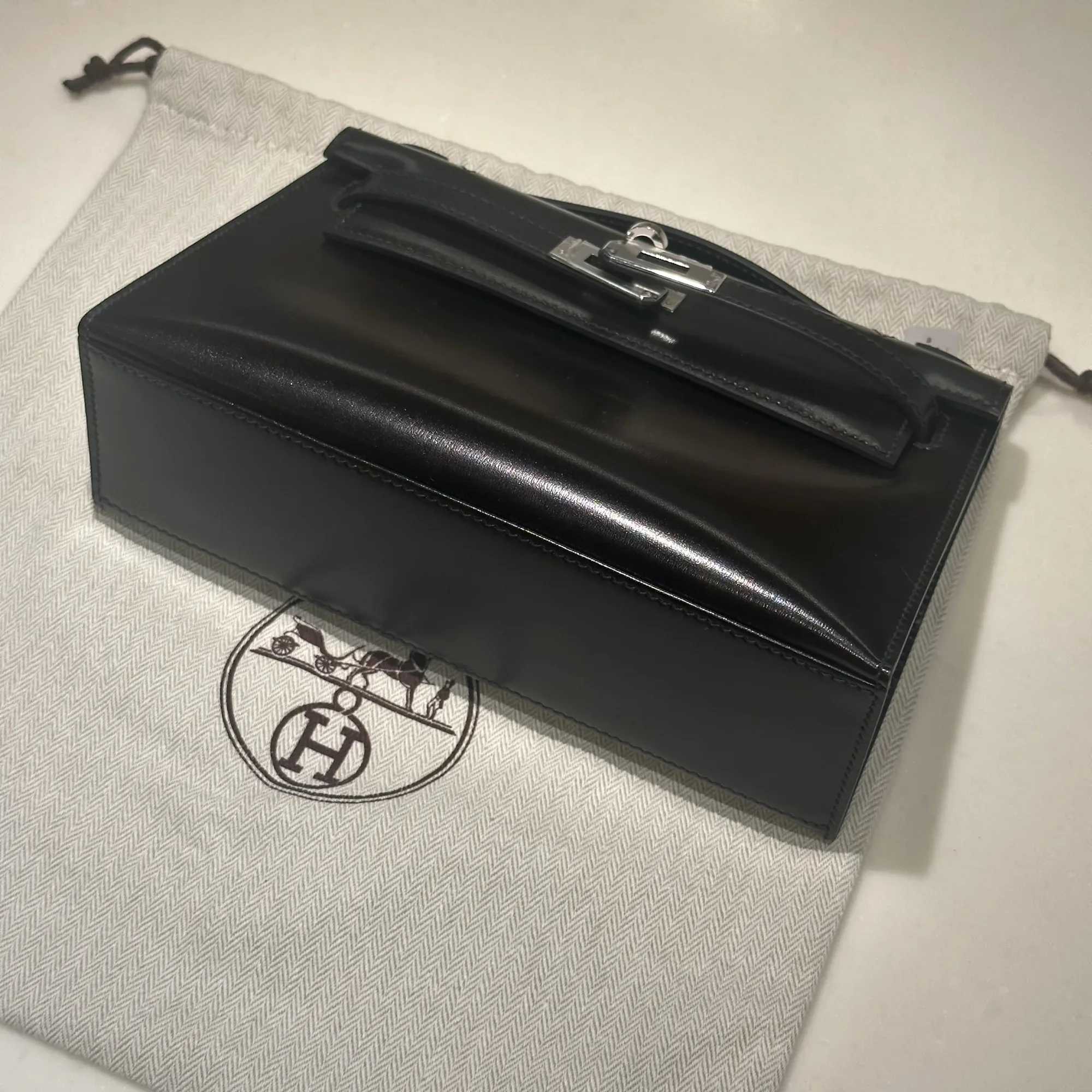 Hermes Kelly Pochette Box Leather Black Palladium миниатюра 4