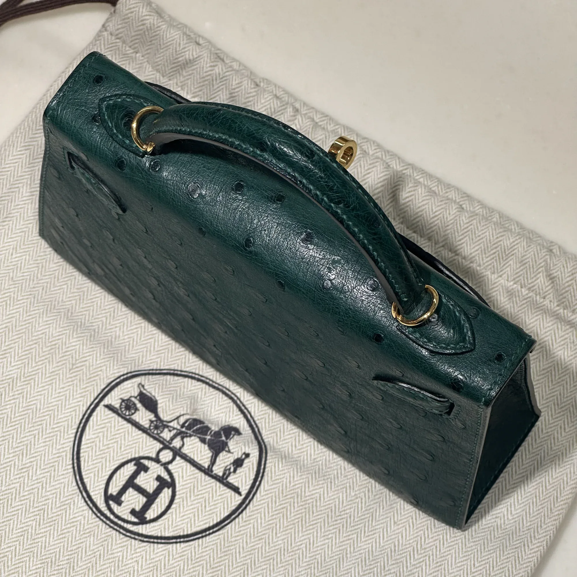 Hermes Mini Kelly 19 Ostrich Leather Green Gold миниатюра 2
