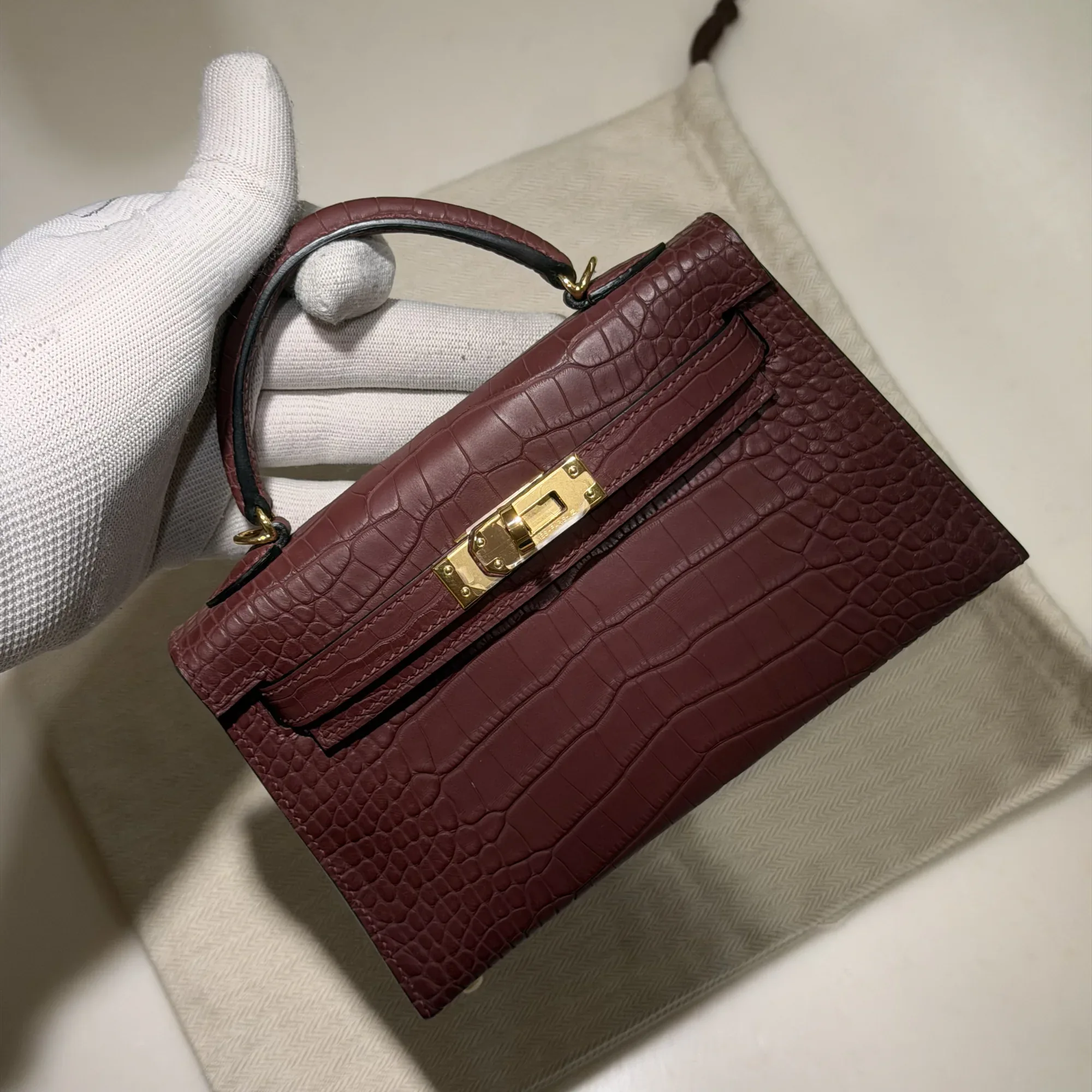 Hermes Mini Kelly Matte 19 Burgundy Alligator Crocodile Leather GHW миниатюра 9